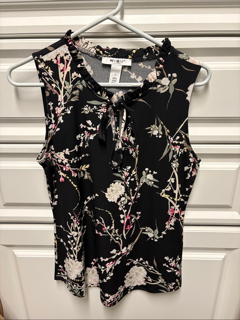 White House Black Market Black Floral Tie-Neck Sleeveless Top